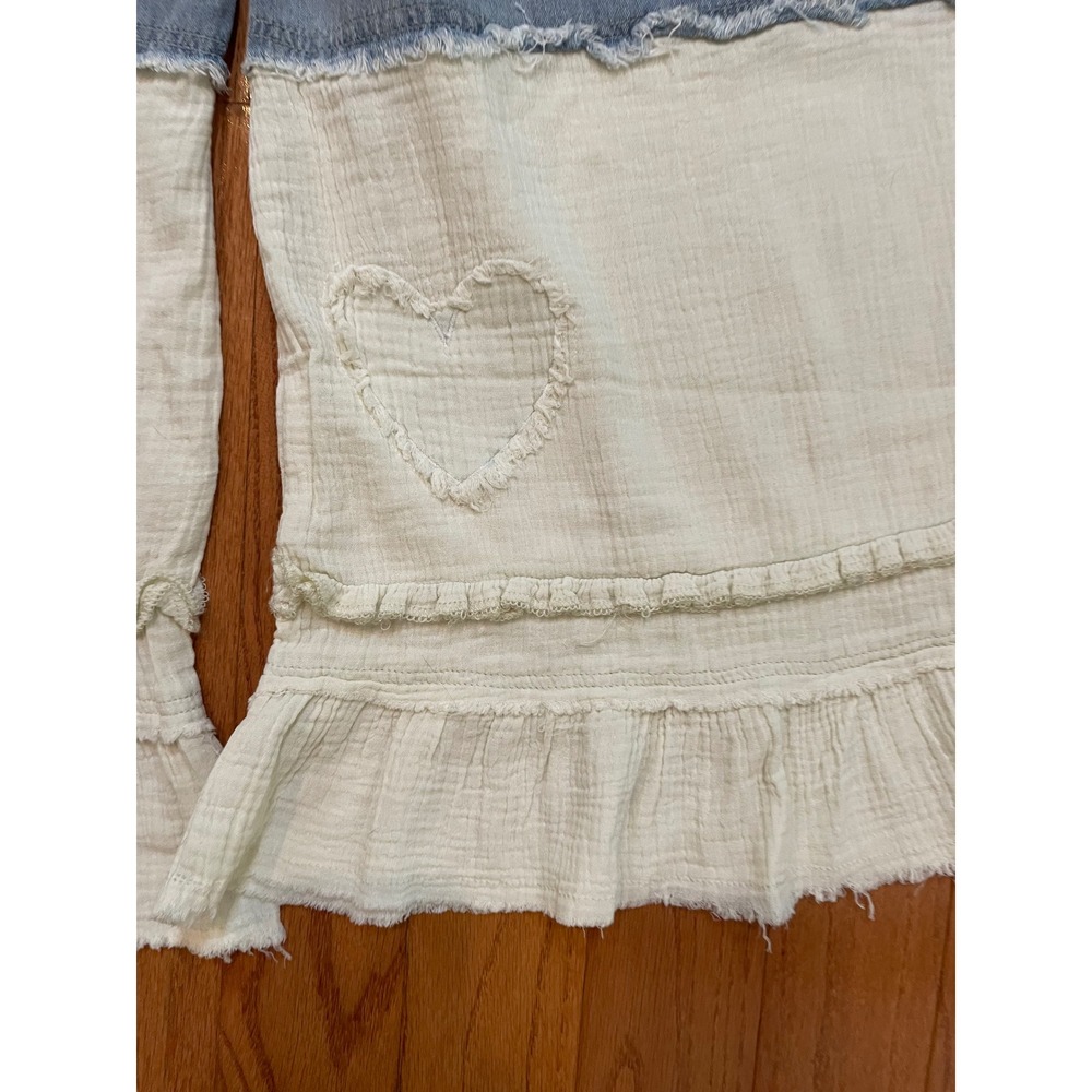 POL Wide Leg Pants Womens L Blue Cream Cotton Boho Ruffle Festival Cottagecore - Picture 13 of 13